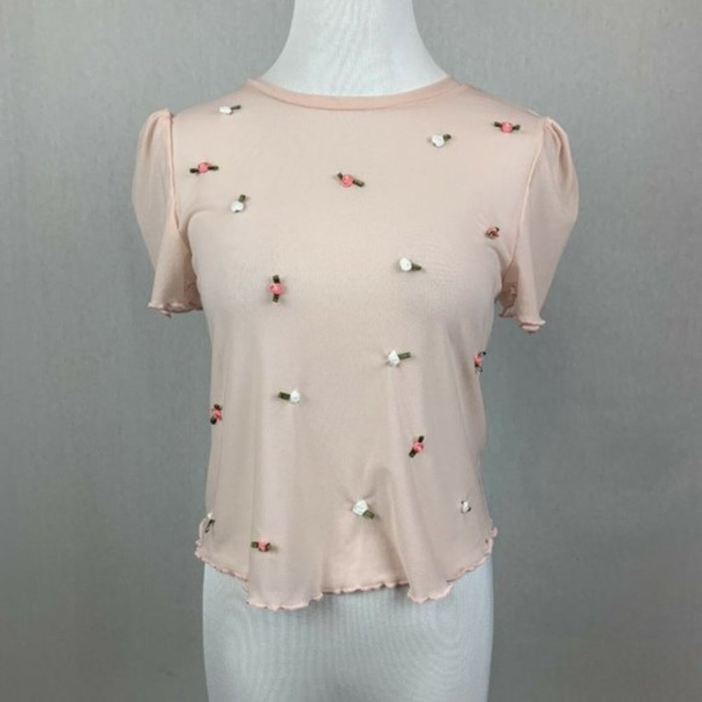 Urban Outfitters sheer mesh floral 90's short slee - Picture 3 of 6